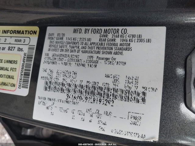 2020 Ford Fusion Titanium მანქანა იყიდება აუქციონზე, vin: 3FA6P0D92LR193292, აუქციონის ნომერი: 45978435