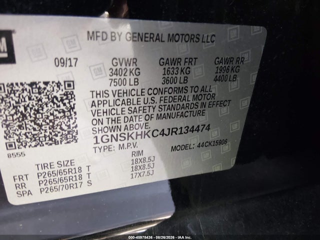 45978436 :رقم المزاد ، 1GNSKHKC4JR134474 vin ، 2018 Chevrolet Suburban Lt مزاد بيع