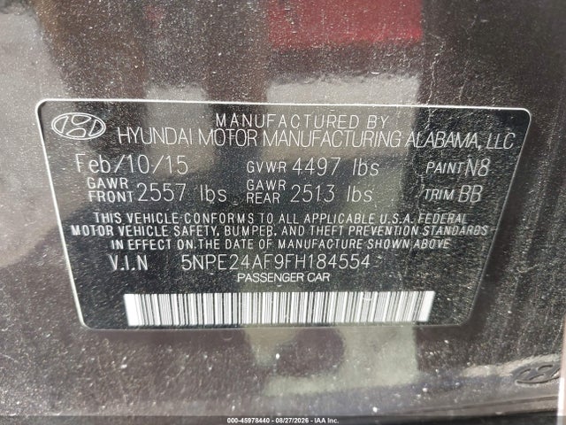 45978440 :رقم المزاد ، 5NPE24AF9FH184554 vin ، 2015 Hyundai Sonata Se مزاد بيع