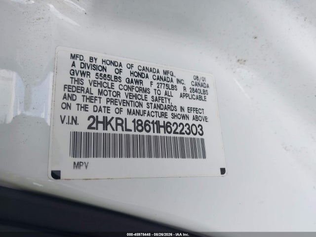 Aukcja sprzedaży 2001 Honda Odyssey Ex, vin: 2HKRL18611H622303, numer aukcji: 45978448