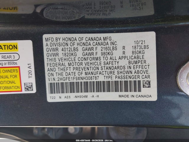 Продажа на аукционе авто 2022 Honda Civic Touring, vin: 2HGFE1F9XNH308787, номер лота: 45978449