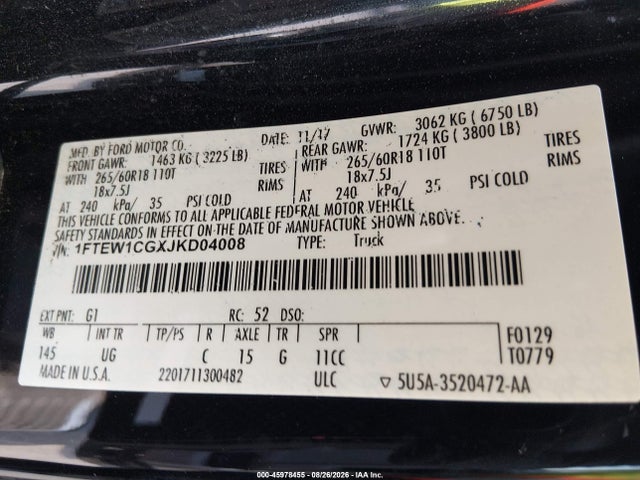 2018 Ford F-150 Xlt მანქანა იყიდება აუქციონზე, vin: 1FTEW1CGXJKD04008, აუქციონის ნომერი: 45978455
