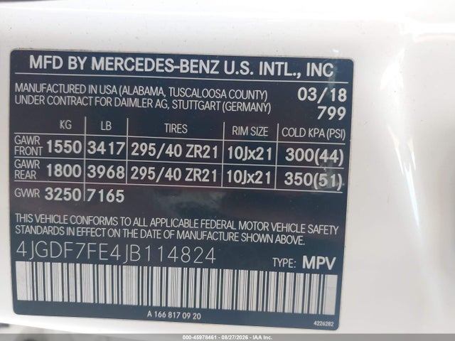 45978461 :رقم المزاد ، 4JGDF7FE4JB114824 vin ، 2018 Mercedes-benz Amg Gls 63 4matic مزاد بيع