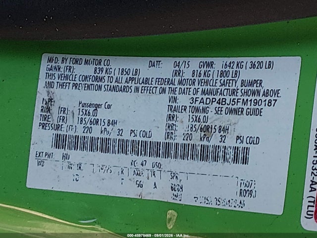 Продажа на аукционе авто 2015 Ford Fiesta Se, vin: 3FADP4BJ5FM190187, номер лота: 45978469