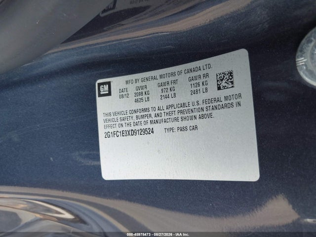 45978473 :رقم المزاد ، 2G1FC1E3XD9129524 vin ، 2013 Chevrolet Camaro 2lt مزاد بيع