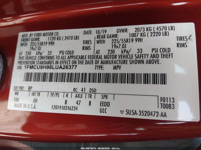 2020 Ford Escape Sel მანქანა იყიდება აუქციონზე, vin: 1FMCU9H98LUA26377, აუქციონის ნომერი: 45978475