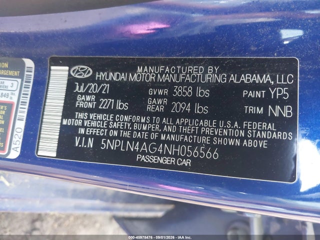 Продажа на аукционе авто 2022 Hyundai Elantra Sel, vin: 5NPLN4AG4NH056566, номер лота: 45978476