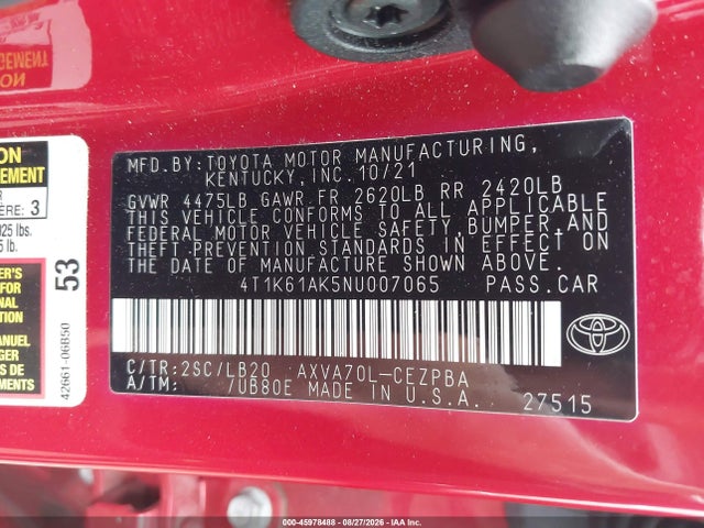 45978488 :رقم المزاد ، 4T1K61AK5NU007065 vin ، 2022 Toyota Camry Xse مزاد بيع