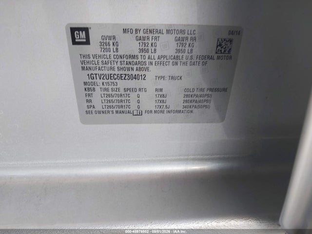 45978502 :رقم المزاد ، 1GTV2UEC6EZ304012 vin ، 2014 Gmc Sierra 1500 Sle مزاد بيع