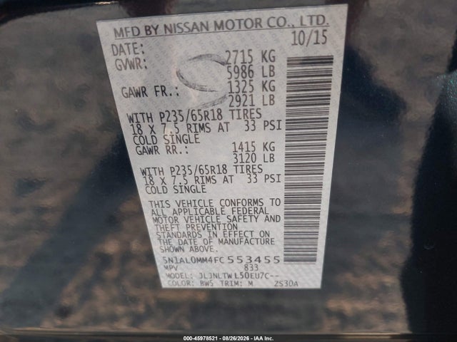 2015 Infiniti Qx60 მანქანა იყიდება აუქციონზე, vin: 5N1AL0MM4FC553455, აუქციონის ნომერი: 45978521