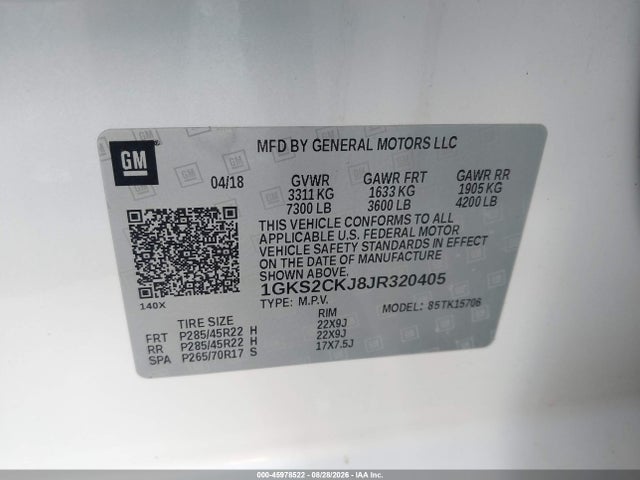 45978522 :رقم المزاد ، 1GKS2CKJ8JR320405 vin ، 2018 Gmc Yukon Denali مزاد بيع