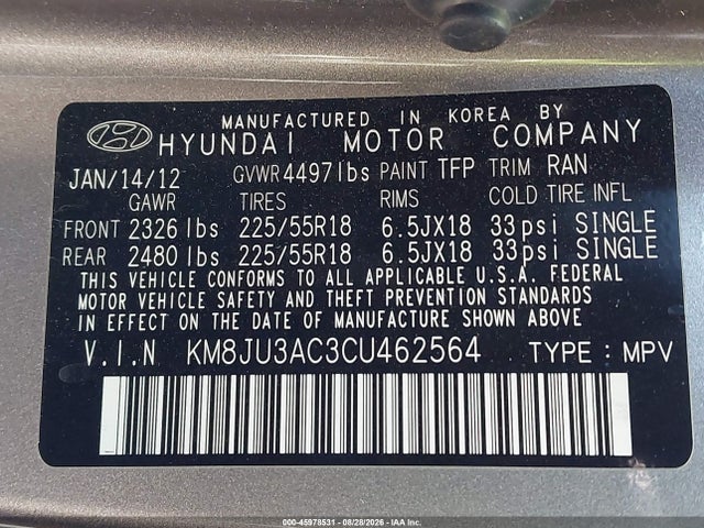 Aukcja sprzedaży 2012 Hyundai Tucson Limited, vin: KM8JU3AC3CU462564, numer aukcji: 45978531
