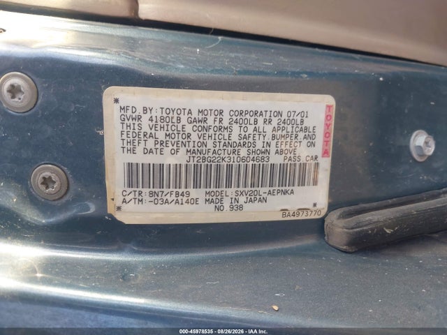 45978535 :رقم المزاد ، JT2BG22K310604683 vin ، 2001 Toyota Camry Le مزاد بيع