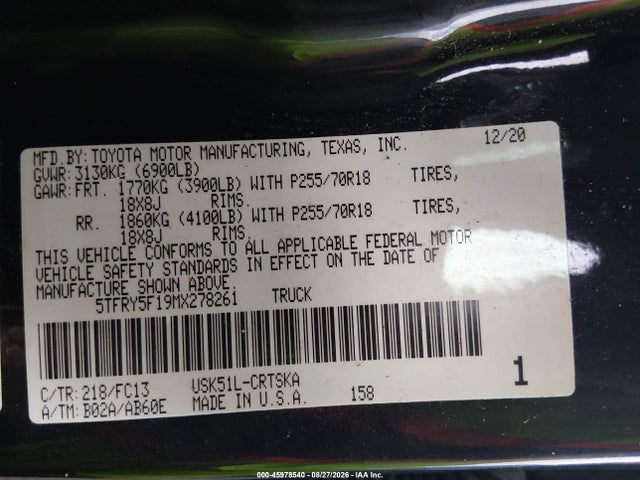 Aukcja sprzedaży 2021 Toyota Tundra Sr5, vin: 5TFRY5F19MX278261, numer aukcji: 45978540