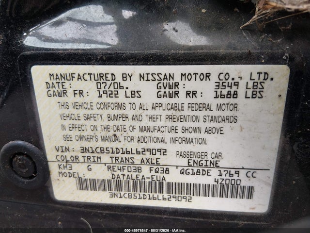 2006 Nissan Sentra 1.8s მანქანა იყიდება აუქციონზე, vin: 3N1CB51D16L629092, აუქციონის ნომერი: 45978547