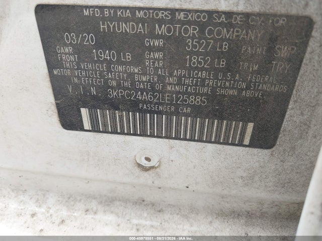 Aukcja sprzedaży 2020 Hyundai Accent Sel, vin: 3KPC24A62LE125885, numer aukcji: 45978551