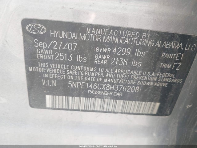 Продажа на аукционе авто 2008 Hyundai Sonata Gls, vin: 5NPET46CX8H376208, номер лота: 45978558