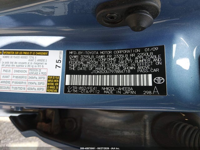 Aukcja sprzedaży 2009 Toyota Prius, vin: JTDKB20U797884718, numer aukcji: 45978561