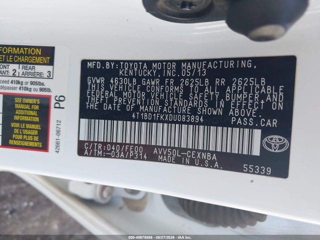45978568 :رقم المزاد ، 4T1BD1FKXDU083894 vin ، 2013 Toyota Camry Hybrid Le مزاد بيع
