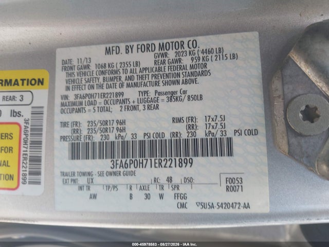 Aukcja sprzedaży 2014 Ford Fusion Se, vin: 3FA6P0H71ER221899, numer aukcji: 45978583