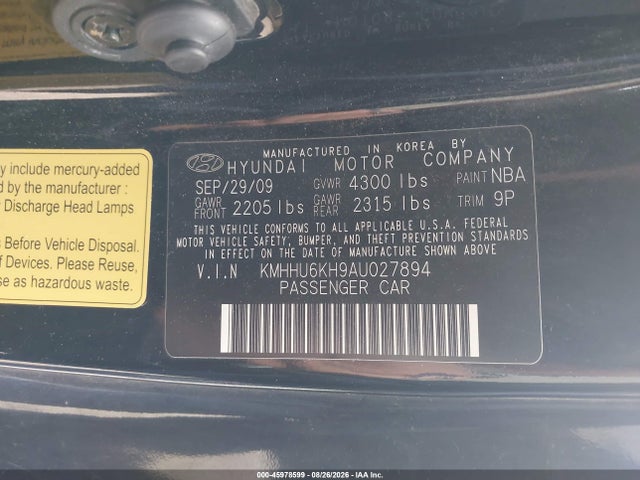 2010 Hyundai Genesis 3.8 Track მანქანა იყიდება აუქციონზე, vin: KMHHU6KH9AU027894, აუქციონის ნომერი: 45978599