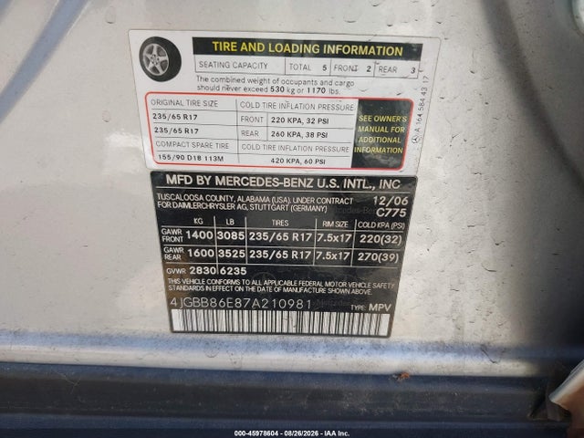 2007 Mercedes-benz Ml 350 4matic მანქანა იყიდება აუქციონზე, vin: 4JGBB86E87A210981, აუქციონის ნომერი: 45978604