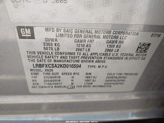 LRBFXCSA2KD016594 Buick Envision Fwd Essence