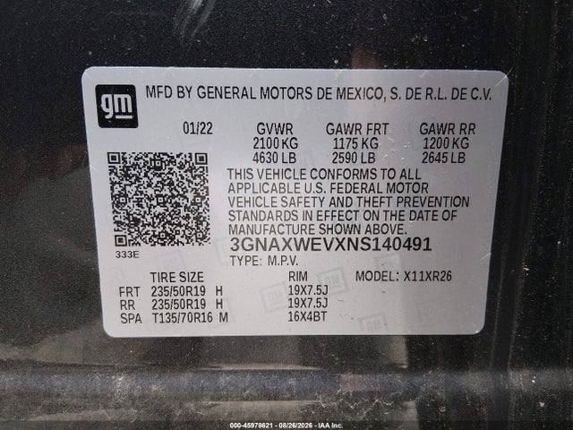 Продаж на аукціоні авто 2022 Chevrolet Equinox Awd Rs, vin: 3GNAXWEVXNS140491, номер лоту: 45978621