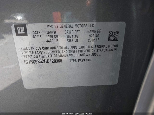 45978633 :رقم المزاد ، 1G1RC6S52HU120986 vin ، 2017 Chevrolet Volt Lt مزاد بيع