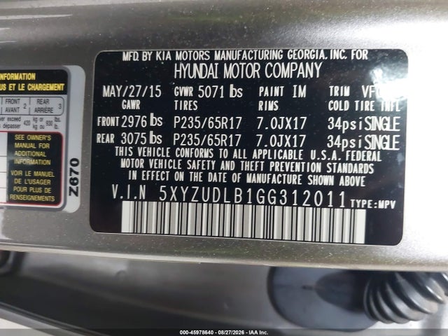 Aukcja sprzedaży 2016 Hyundai Santa Fe Sport 2.4l, vin: 5XYZUDLB1GG312011, numer aukcji: 45978640