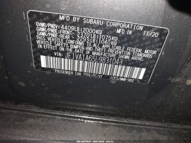 Продажа на аукционе авто 2020 Subaru Wrx, vin: JF1VA1A65L9831043, номер лота: 45978647
