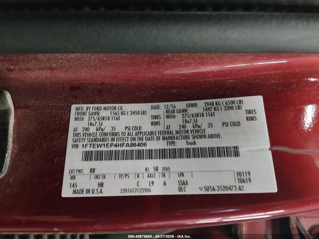 Продажа на аукционе авто 2017 Ford F-150 Lariat, vin: 1FTEW1EP4HFA86406, номер лота: 45978660