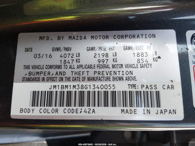 Продажа на аукционе авто 2016 Mazda Mazda3 S Touring, vin: JM1BM1M38G1340055, номер лота: 45978662