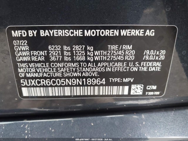 2022 Bmw X5 Xdrive40i მანქანა იყიდება აუქციონზე, vin: 5UXCR6C05N9N18964, აუქციონის ნომერი: 45978667