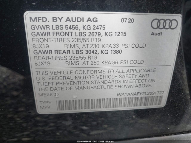 45978669 :رقم المزاد ، WA1ANAFY2L2091722 vin ، 2020 Audi Q5 Premium 45 Tfsi Quattro S Tronic/titanium Premium 45 Tfsi Quattro S Tronic مزاد بيع
