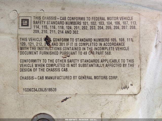 1997 Gmc Sierra C3500 Heavy Duty მანქანა იყიდება აუქციონზე, vin: 1GDKC34J3VJ518539, აუქციონის ნომერი: 45978672