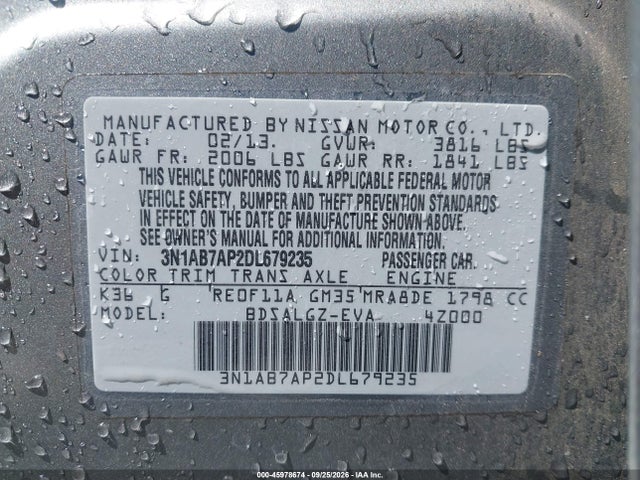 45978674 :رقم المزاد ، 3N1AB7AP2DL679235 vin ، 2013 Nissan Sentra Sl مزاد بيع