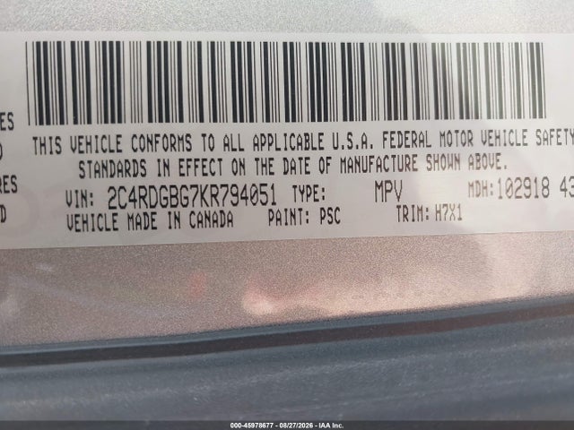 Продаж на аукціоні авто 2019 Dodge Grand Caravan Se, vin: 2C4RDGBG7KR794051, номер лоту: 45978677