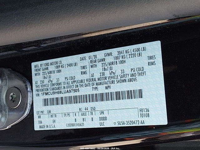 Продаж на аукціоні авто 2020 Ford Escape Sel, vin: 1FMCU9H68LUA97505, номер лоту: 45978682