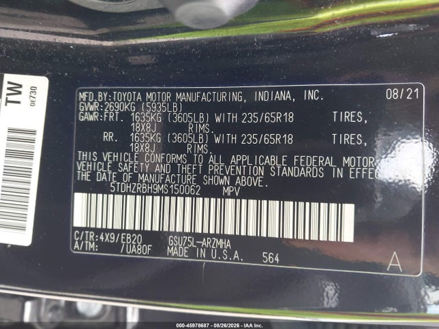 Toyota Highlander Xle 2021 5TDHZRBH9MS150062 Image 9