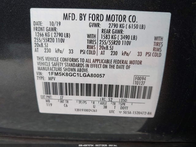 2020 Ford Explorer St მანქანა იყიდება აუქციონზე, vin: 1FM5K8GC1LGA80057, აუქციონის ნომერი: 45978704