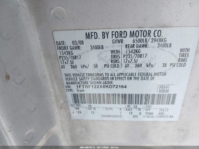 45978714 :رقم المزاد ، 1FTRF122X8KD72164 vin ، 2008 Ford F-150 Stx/xl/xlt مزاد بيع