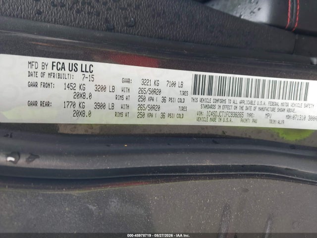 45978719 :رقم المزاد ، 1C4SDJCT1FC938265 vin ، 2015 Dodge Durango R/t مزاد بيع