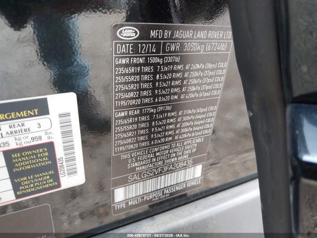 Продаж на аукціоні авто 2015 Land Rover Range Rover 3.0l V6 Supercharged Hse, vin: SALGS2VF3FA208435, номер лоту: 45978721
