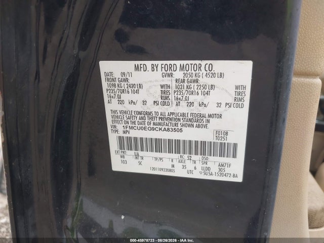 45978723 :رقم المزاد ، 1FMCU0EG9CKA83505 vin ، 2012 Ford Escape Limited مزاد بيع