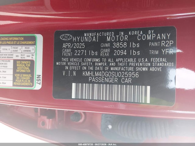 2025 Hyundai Elantra Sel Sport მანქანა იყიდება აუქციონზე, vin: KMHLM4DG0SU025956, აუქციონის ნომერი: 45978725