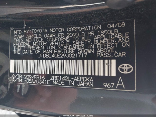 2009 Toyota Corolla Le მანქანა იყიდება აუქციონზე, vin: JTDBL40E29J021717, აუქციონის ნომერი: 45978730