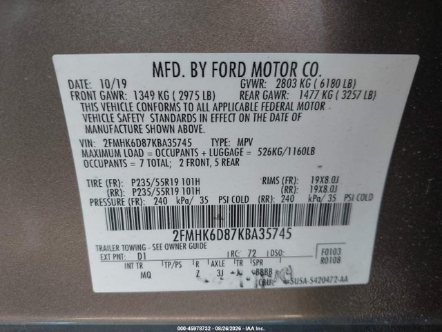 Aukcja sprzedaży 2019 Ford Flex Limited, vin: 2FMHK6D87KBA35745, numer aukcji: 45978732