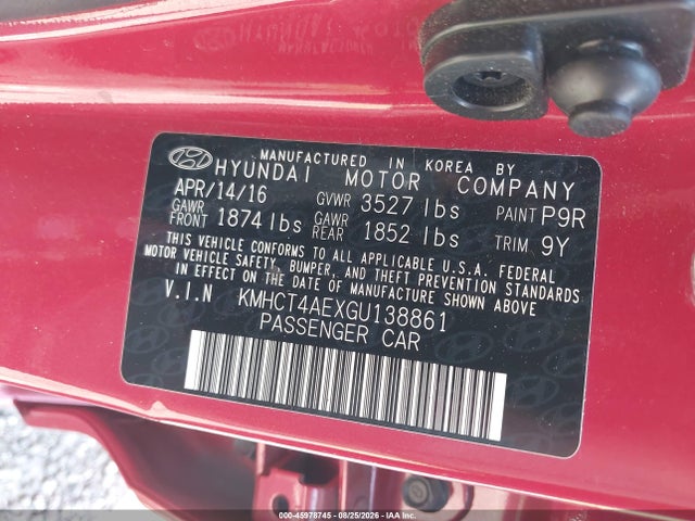 Auction sale of the 2016 Hyundai Accent Se, vin: KMHCT4AEXGU138861, lot number: 45978745