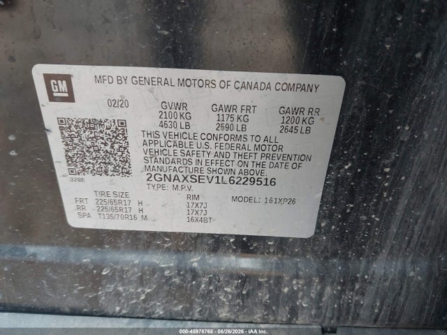 45978768 :رقم المزاد ، 2GNAXSEV1L6229516 vin ، 2020 Chevrolet Equinox Awd Ls مزاد بيع